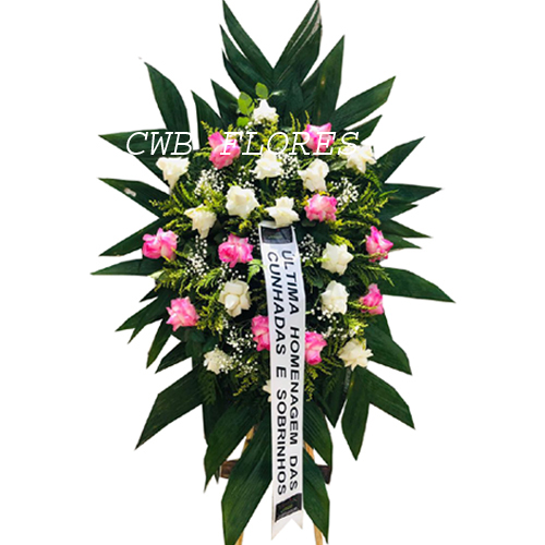 Coroa para funeral com rosas brancas e cor de rosas