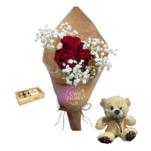 Buquê de Rosas Vermelhas, Pelúcia e Ferrero Rocher