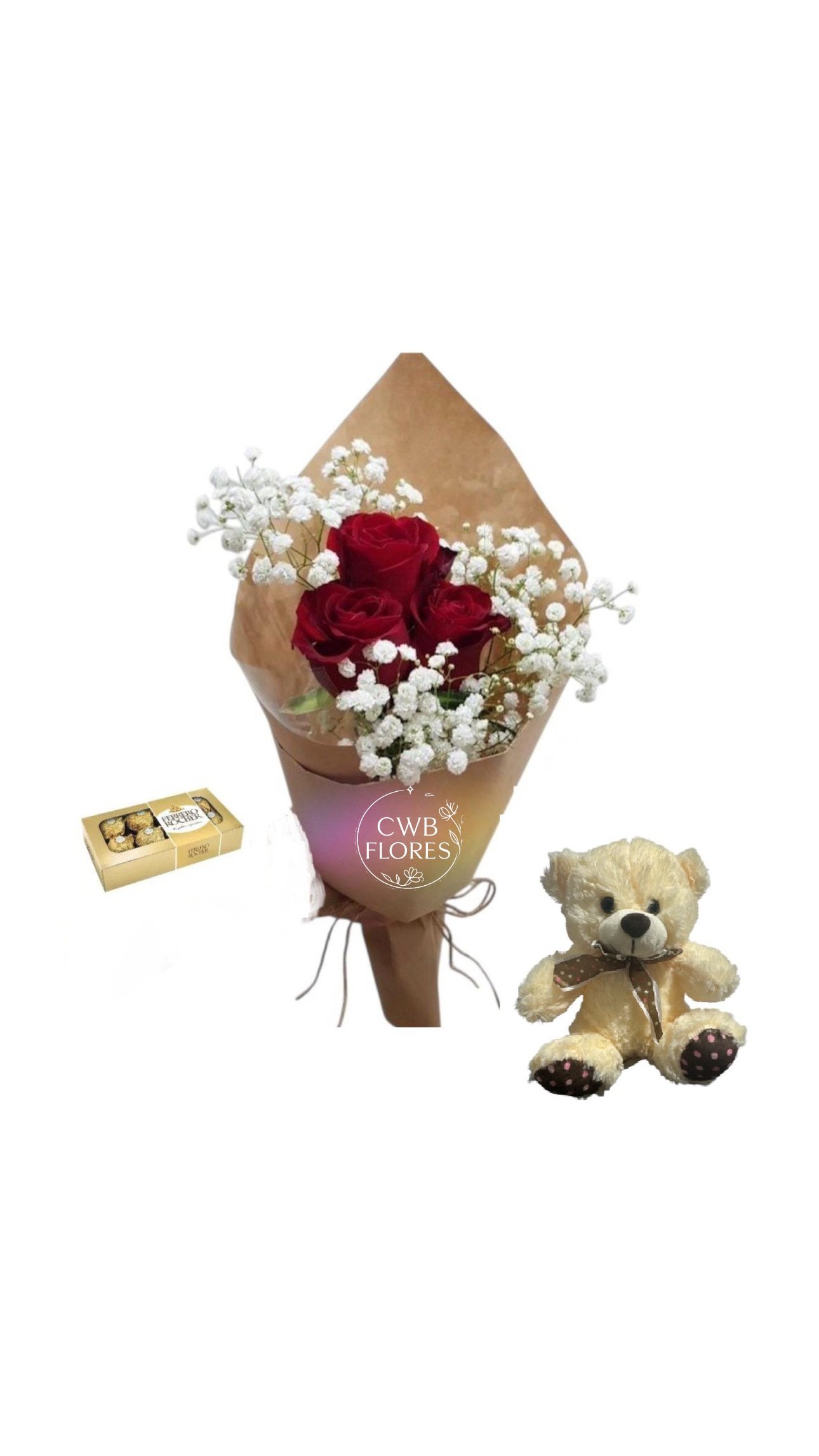 Buquê de Rosas Vermelhas, Pelúcia e Ferrero Rocher